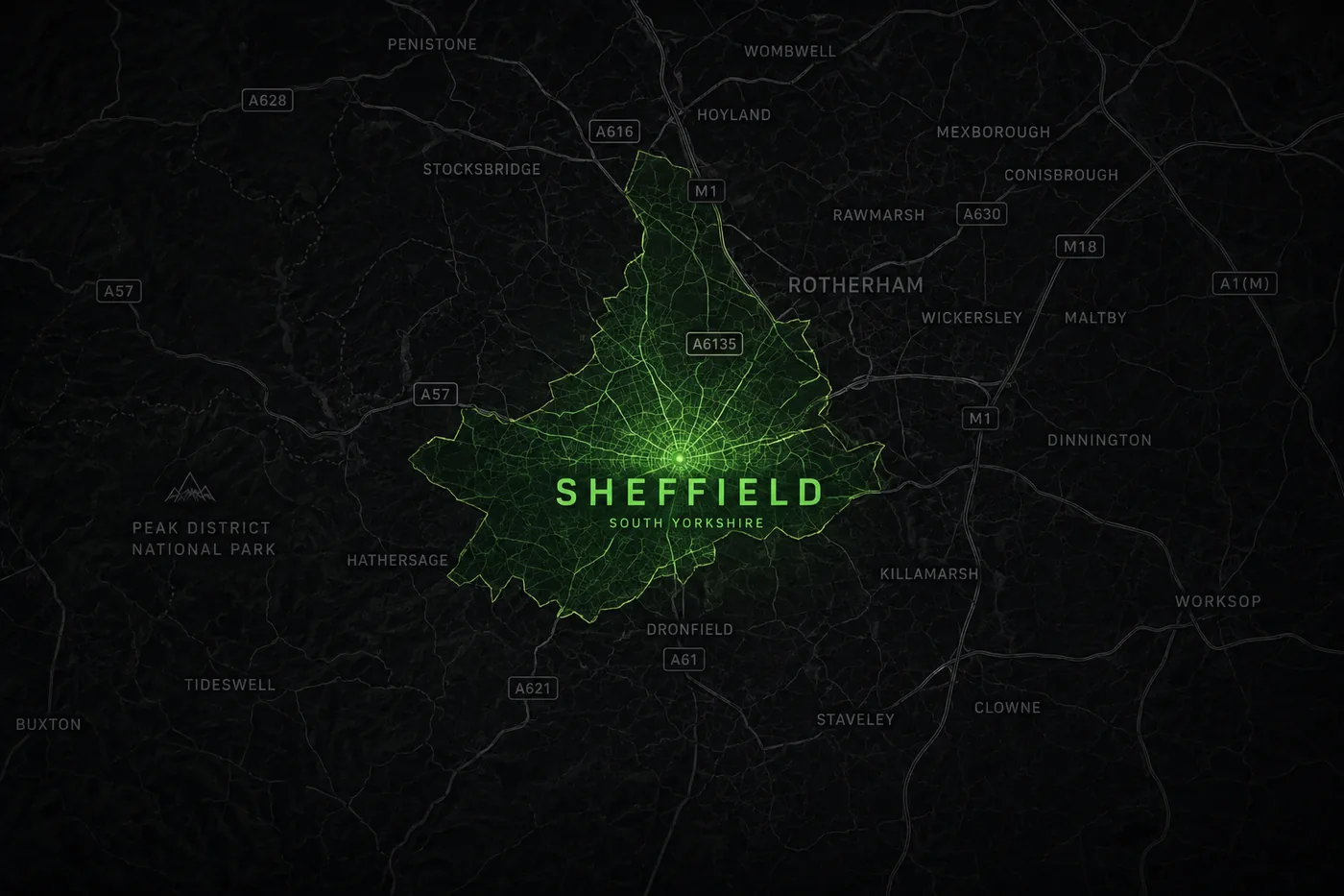 Map of the Sheffield city boundary lit up in green, showing the road network we cover.